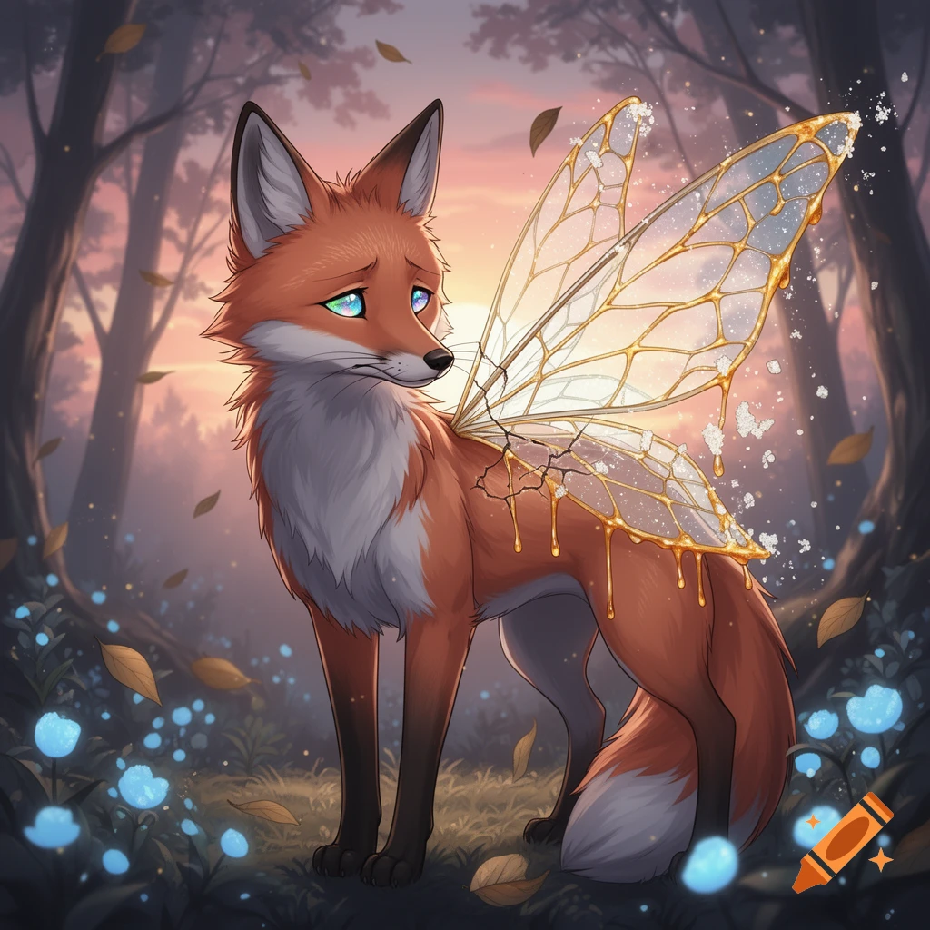 An anime fox with sad eyes and broken golden, syrup-dripping fairy wings stands in a magical forest at sunset with glowing blue flowers.