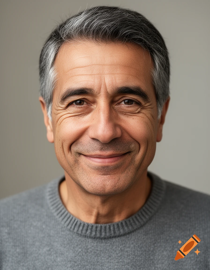 Close-up photorealistic portrait of a smiling middle-aged man with graying hair and a gray sweater.