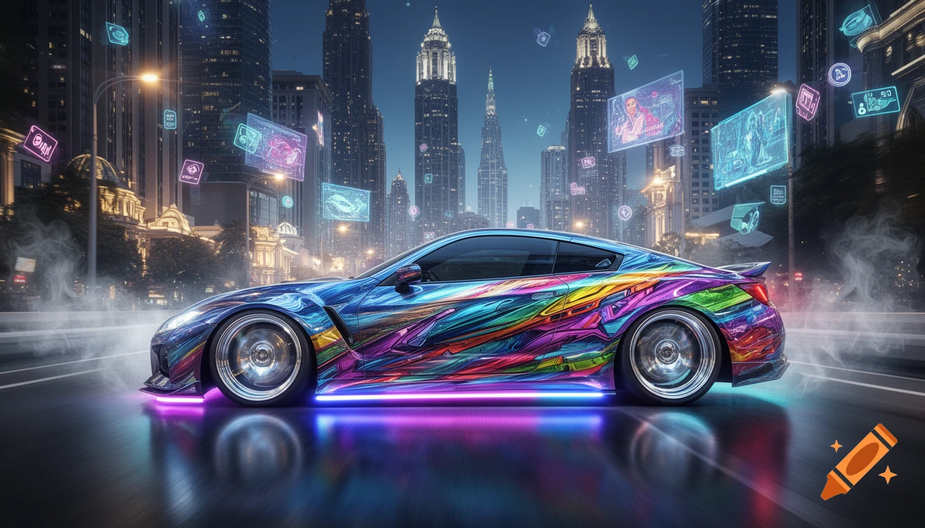 A vibrant, rainbow-colored sports car with neon underglow sits on a wet street at night in a futuristic city, surrounded by floating holographic screens.