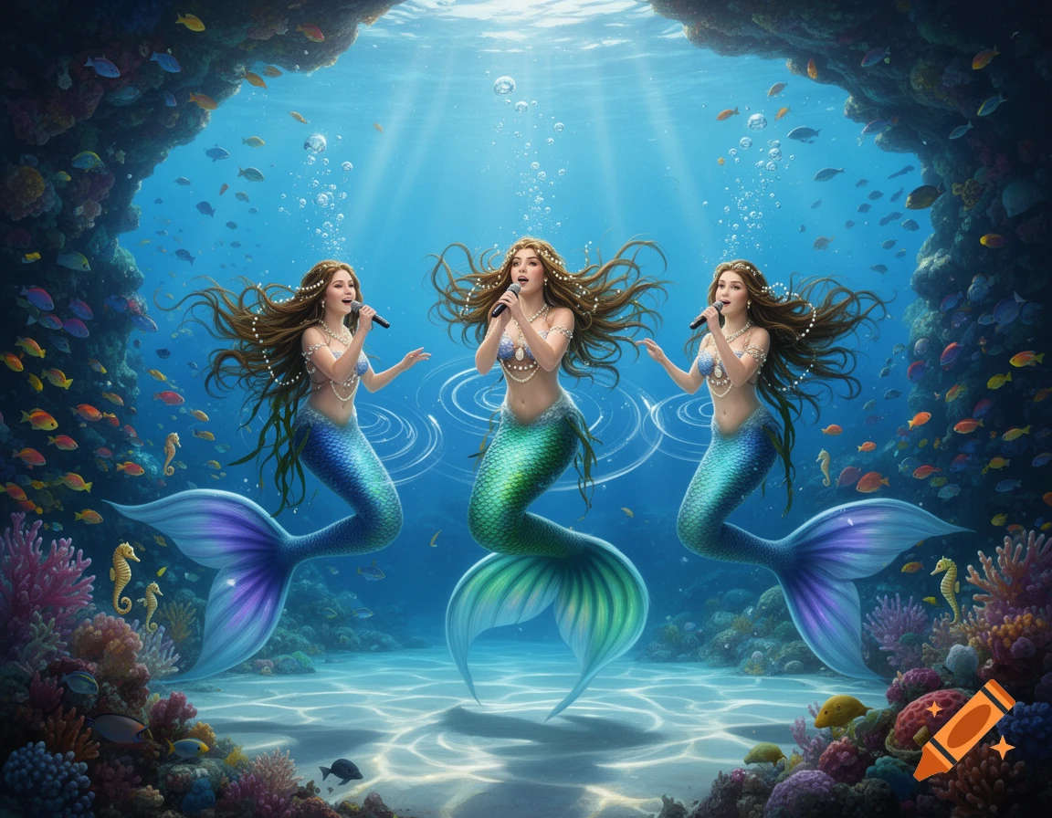 Three mermaids with long brown hair and colorful tails singing into microphones in a vibrant underwater coral reef scene.