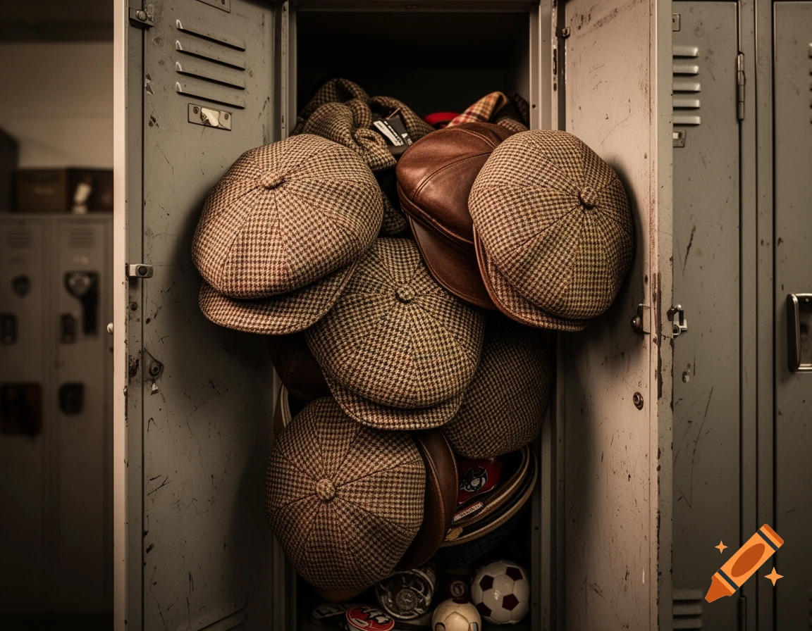 A weathered gym locker overflowing with numerous newsboy and ivy caps, with sports balls visible at the bottom.