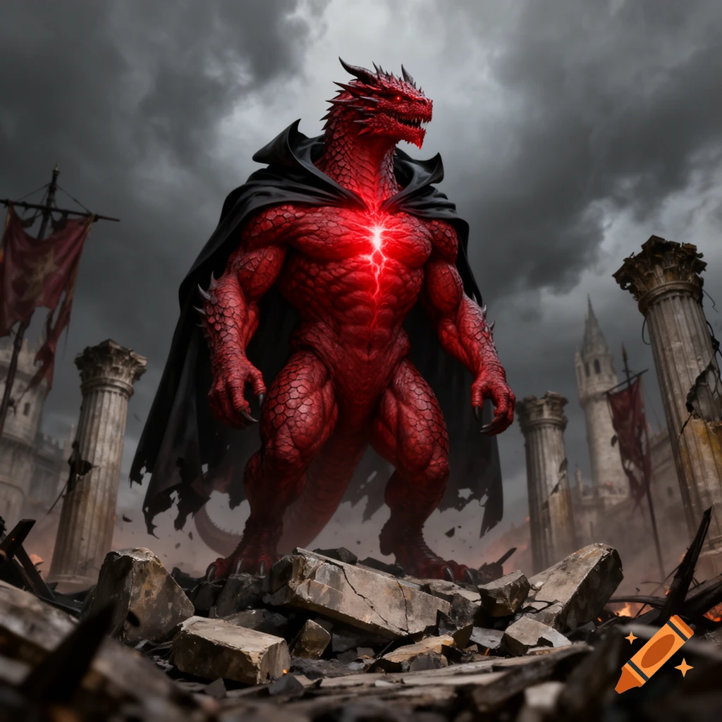 A powerful red dragon-like humanoid in a black cape with a glowing red chest stands on kingdom ruins under a stormy sky.