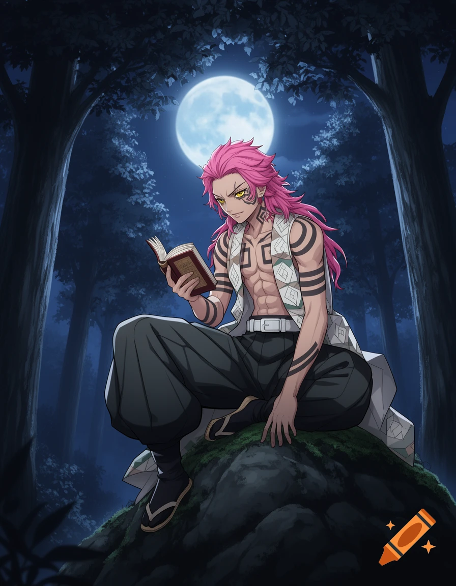 Akaza from Demon Slayer, with pink hair and tattoos, reads a book on a rock in a dark forest under a full moon, anime style.