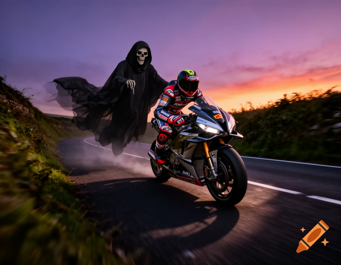 A motorcyclist in a racing suit speeds down a winding road at sunset, with a ghostly grim reaper floating behind them. Photorealistic style.