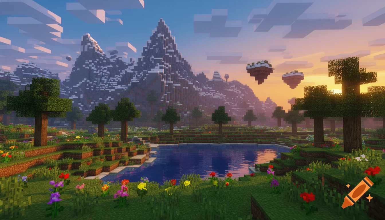 A vibrant Minecraft landscape with blocky mountains, green trees, a calm lake, colorful flowers, and floating islands under a sunset sky.