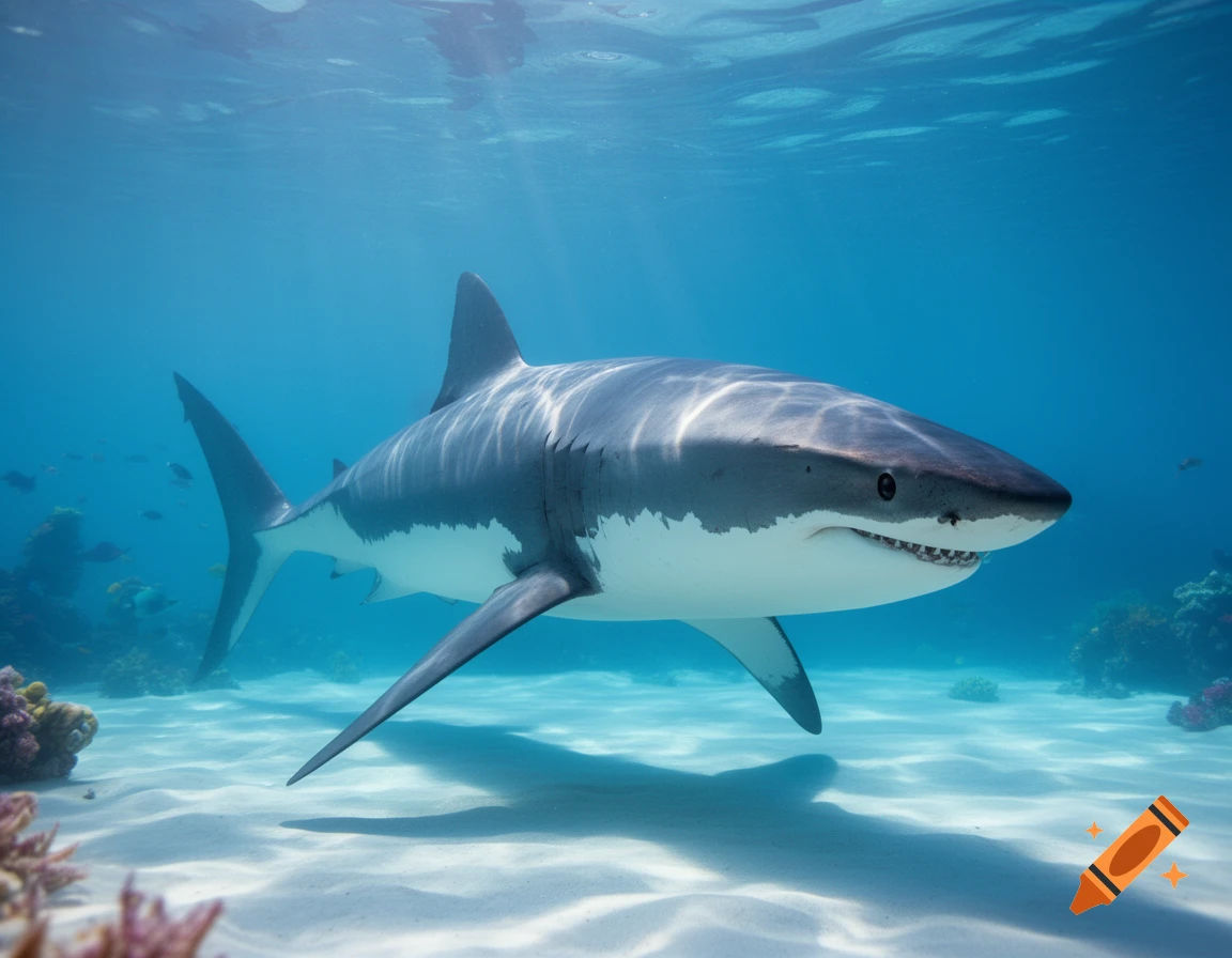 A great white shark swims through clear blue ocean water above a sandy seabed with coral, sun rays pierce the surface.