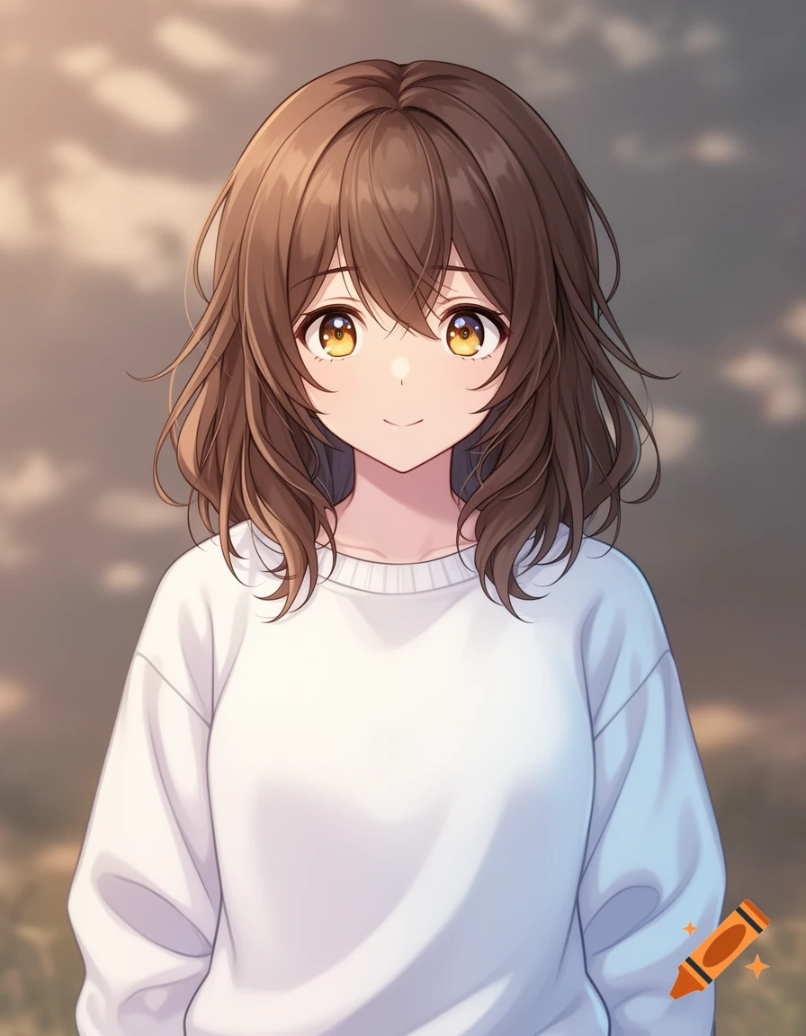 An anime girl with brown hair and golden eyes, wearing a white sweatshirt, smiles against a soft, sunlit background.