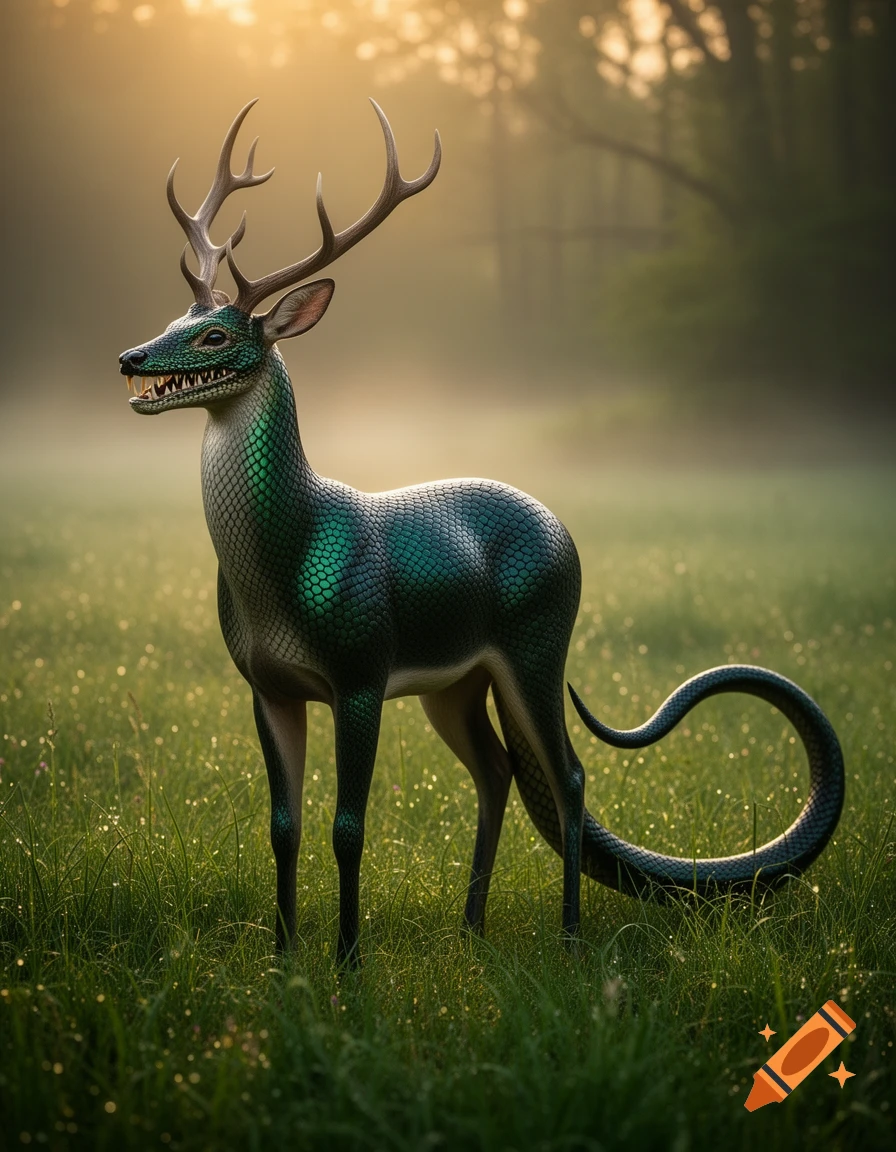 A fantasy deer-snake hybrid creature with antlers, fangs, green scales, and a long snake tail stands in a misty field at sunset.
