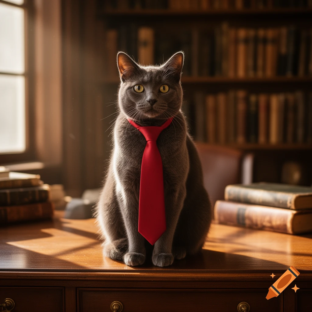 A photorealistic gray cat wearing a red tie sits on a wooden desk in a library with bookshelves and a window.