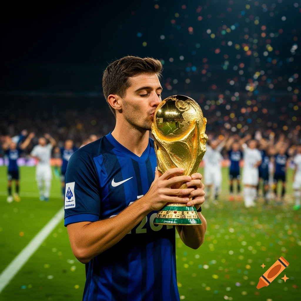 A male soccer player in a blue jersey with a white Nike swoosh kisses a golden trophy on a field with confetti, celebrating with a blurred crowd in the background.