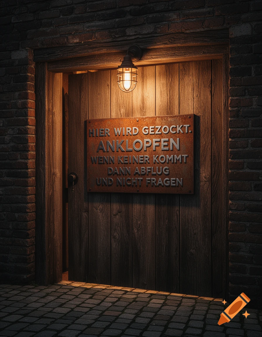 A rustic wooden door with a weathered metal sign reading "HIER WIRD GEZOCKT. ANKLOPFEN WENN KEINER KOMMT DANN ABFLUG UND NICHT FRAGEN" illuminated by a caged light in a brick wall.
