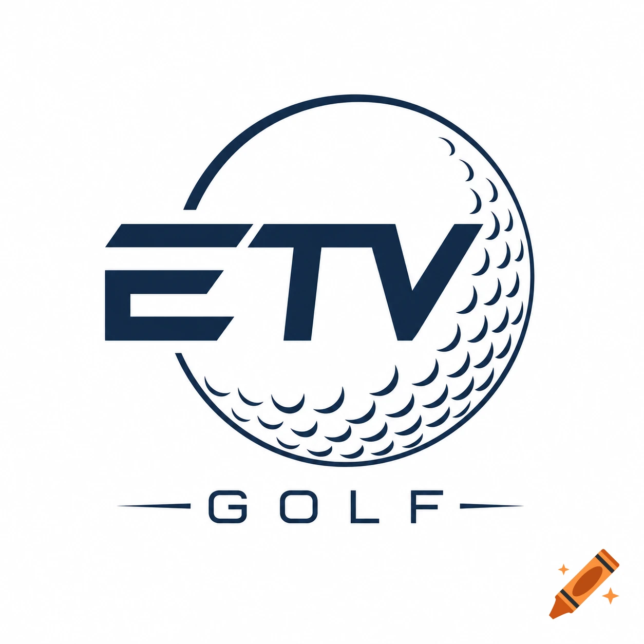 A dark blue logo for ETV Golf, featuring stylized letters ETV within a golf ball design, with GOLF below.