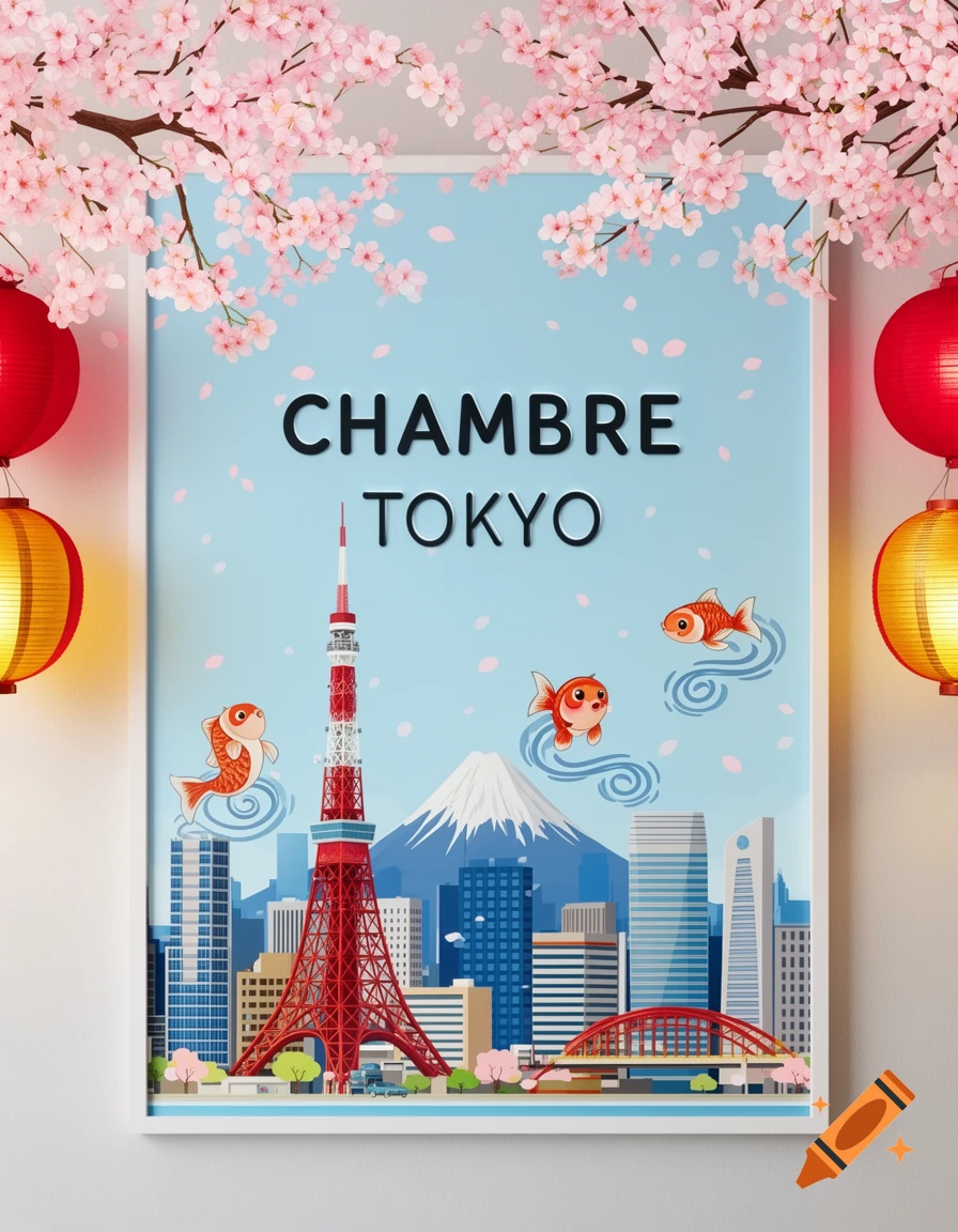 Stylized Japanese themed poster with Tokyo Tower, Mount Fuji, goldfish, cherry blossoms, and 'CHAMBRE TOKYO' text.