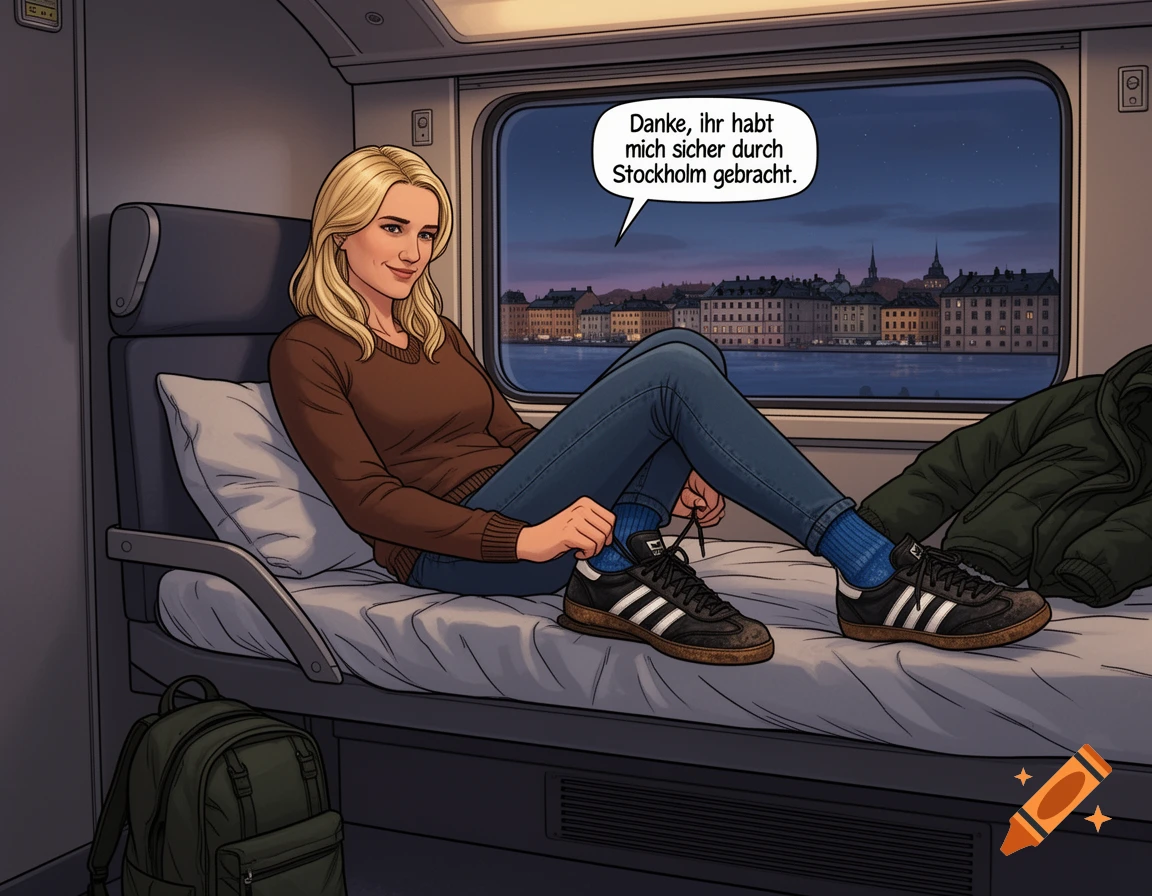 A blonde woman in a brown sweater and blue jeans sits on a train berth, tying her black sneakers. A cityscape at dusk is visible outside the window in comic style.