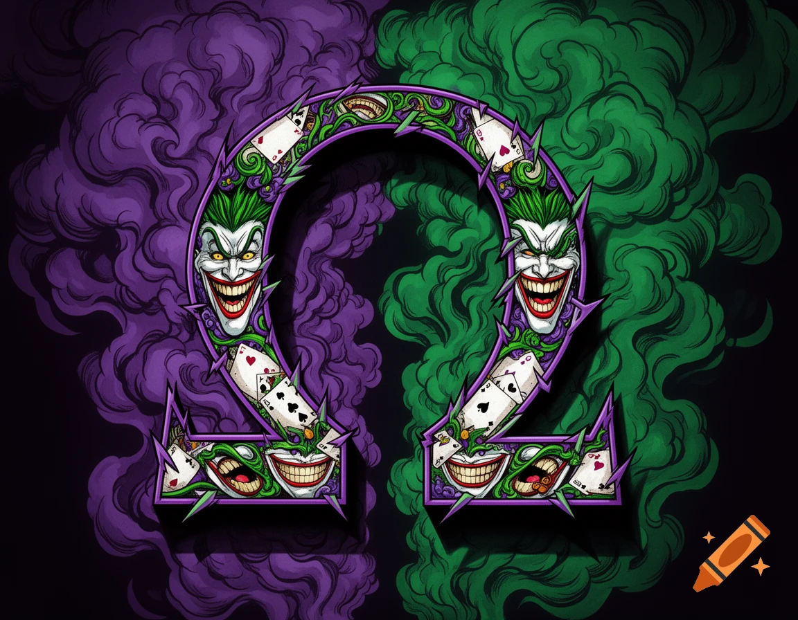 A stylized Omega symbol decorated with grinning Joker faces, playing cards, and surrounded by vibrant purple and green smoke.