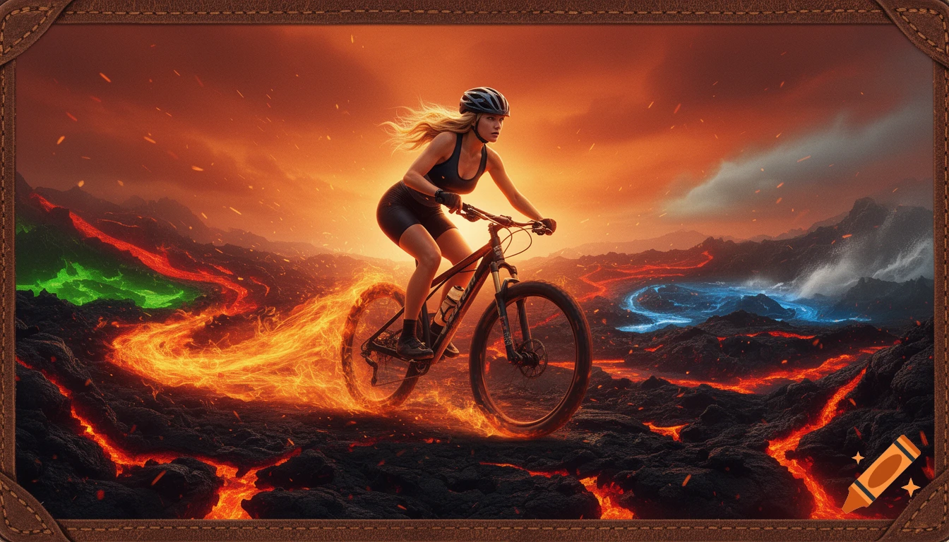 A woman on a mountain bike rides through a volcanic landscape with lava, leaving a fiery trail, under a dramatic orange sky. Cinematic style.