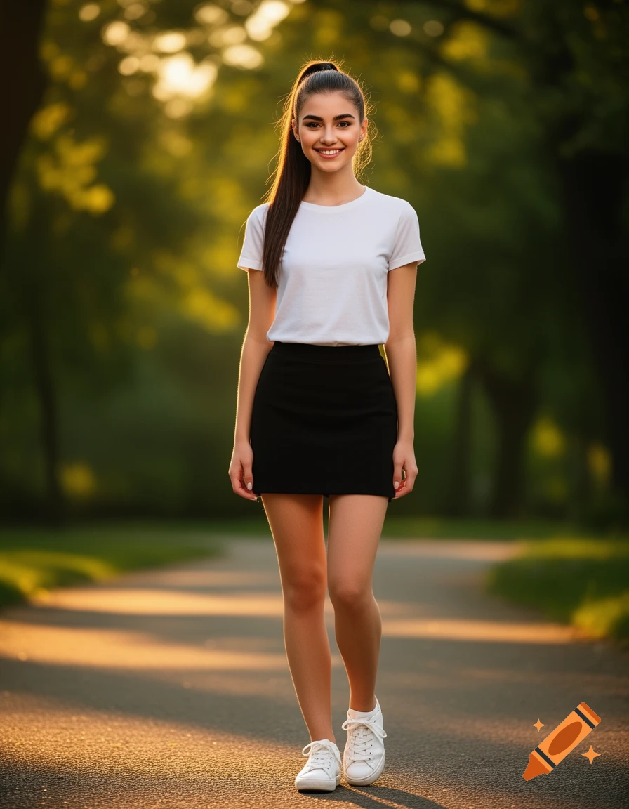 Smiling young woman with dark hair in a ponytail, white tee, black skirt, and white sneakers, walking on a park path in golden hour. Photorealistic.