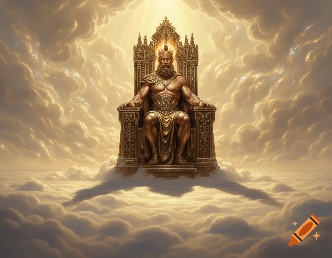 A powerful, bearded, golden god-like figure sits on an ornate golden throne amidst radiant clouds.