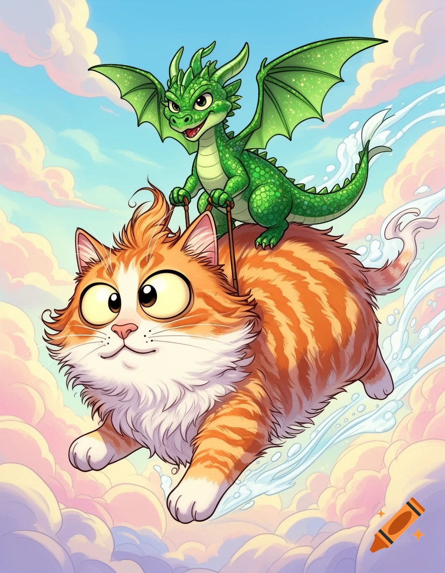 A cute green cartoon dragon rides on the back of a fluffy orange and white cat as they fly through a blue sky with colorful clouds.