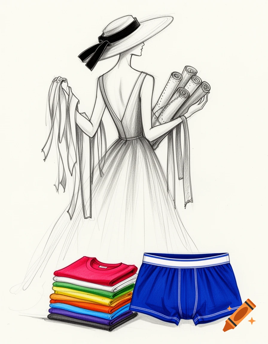 Pencil sketch of a woman in a wide hat and dress from behind, holding fabric rolls and ribbons, with a stack of colorful t-shirts and blue men's boxers below.