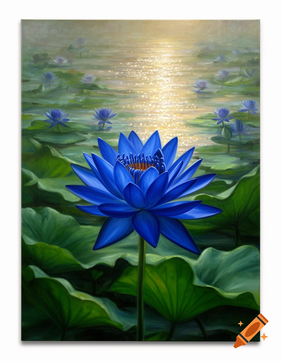 Oil painting of a vibrant blue lotus flower with green leaves, rising from sparkling water with smaller lotuses in the background.