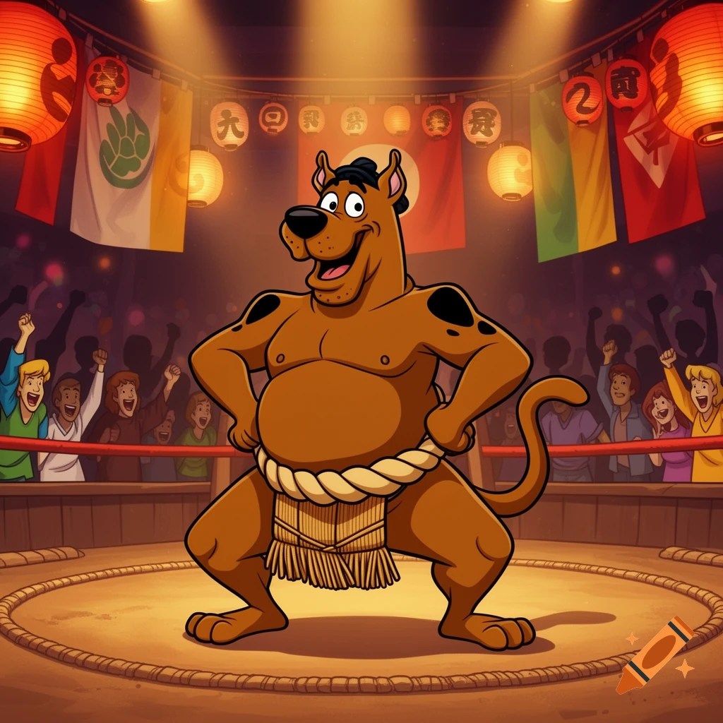 Scooby-Doo dressed as a sumo wrestler, standing in a dohyo ring under bright lights, with cheering cartoon spectators and Japanese-style lanterns and flags in the background.