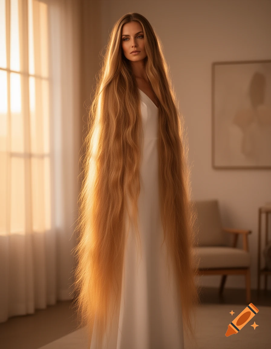A photorealistic full-body portrait of a woman with extremely long, flowing blonde hair wearing a white dress in a sunlit room.