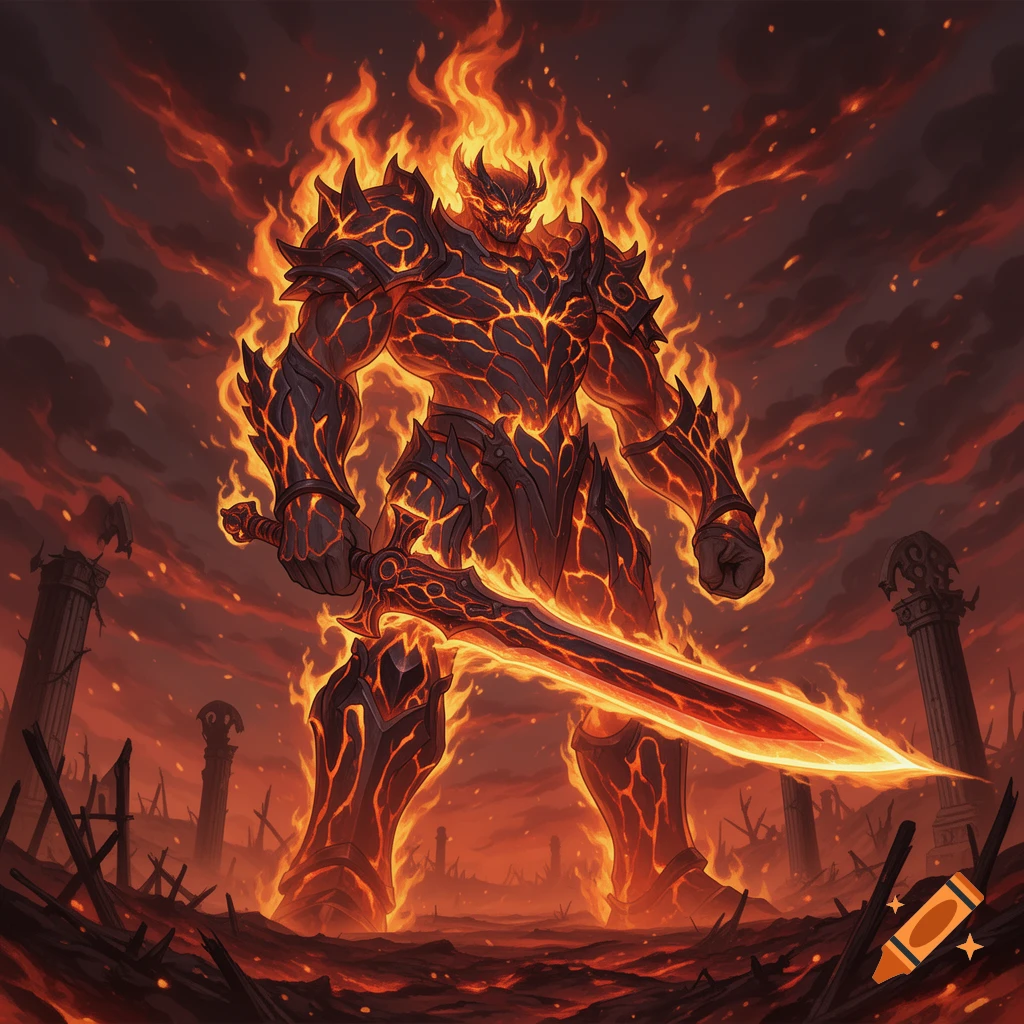 A menacing fire giant with glowing armor and a fiery sword stands in a scorched, burning landscape under an ominous red sky.
