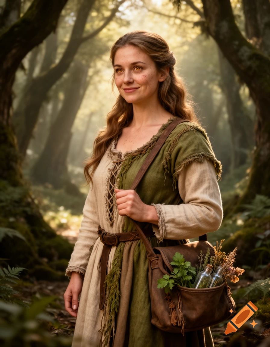 A young female healer in medieval fantasy attire, carrying a satchel of herbs, stands in a soft, sunlit forest.