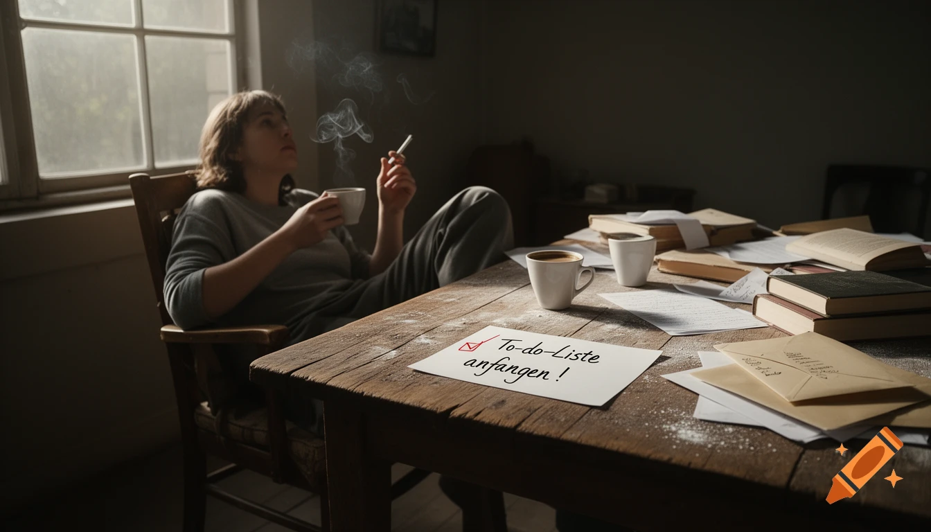 Relaxed person with coffee and cigarette at a messy wooden table with books and a 'To-do-Liste anfangen!' note. Photorealistic.