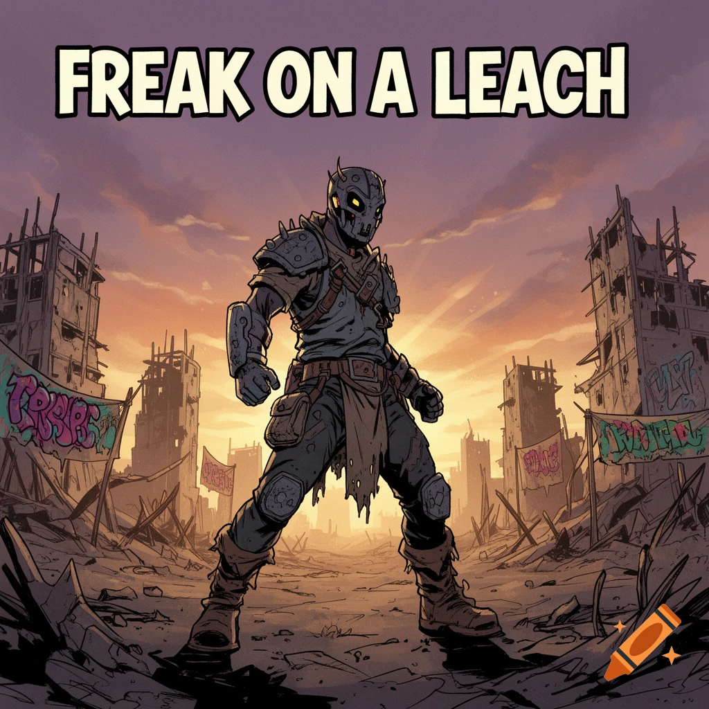 Comic art of a masked character standing in a ruined, post-apocalyptic cityscape at sunset, with the text 'FREAK ON A LEACH' above.