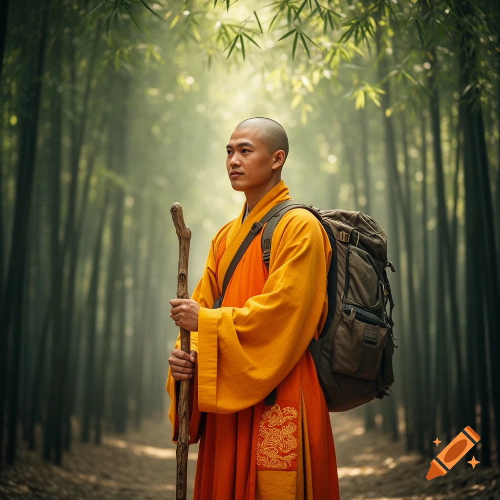 A bald monk in orange and yellow robes, carrying a staff and backpack, stands in a sunlit bamboo forest.