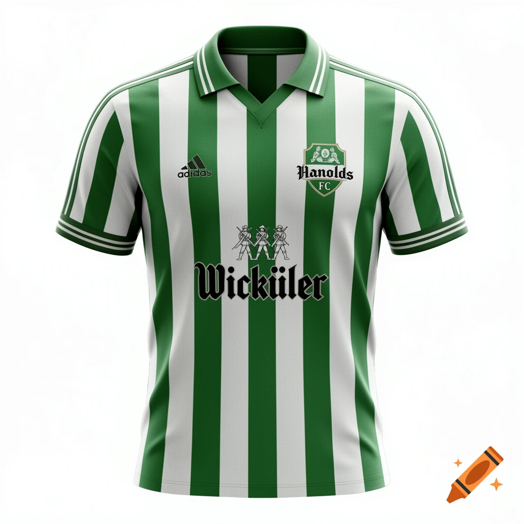 A retro football jersey with green and white vertical stripes, featuring an Adidas logo, "Hanolds FC" crest, and "Wicküler" text with three musketeers.
