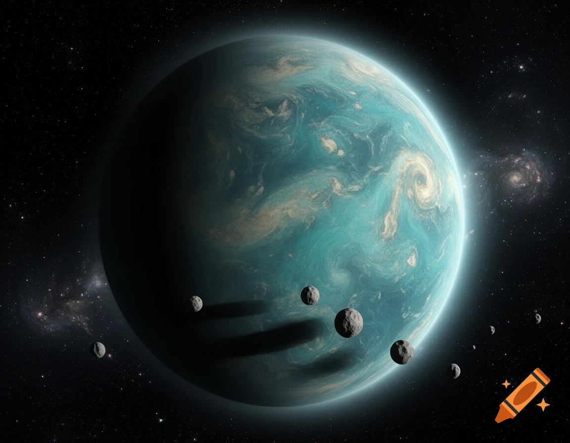 A large, teal and brown swirled planet with a bright atmospheric edge, orbited by asteroids, against a dark, star-filled space with distant galaxies.