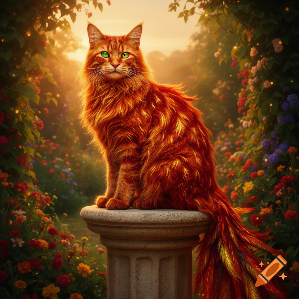 A majestic orange cat with a fiery, feathered phoenix tail and green eyes sits on a stone pedestal in a magical, sunlit garden.