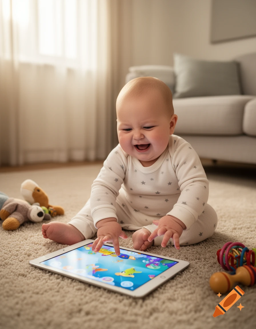 A smiling baby sits on a carpet, happily tapping a tablet with colorful app on screen, surrounded by toys.
