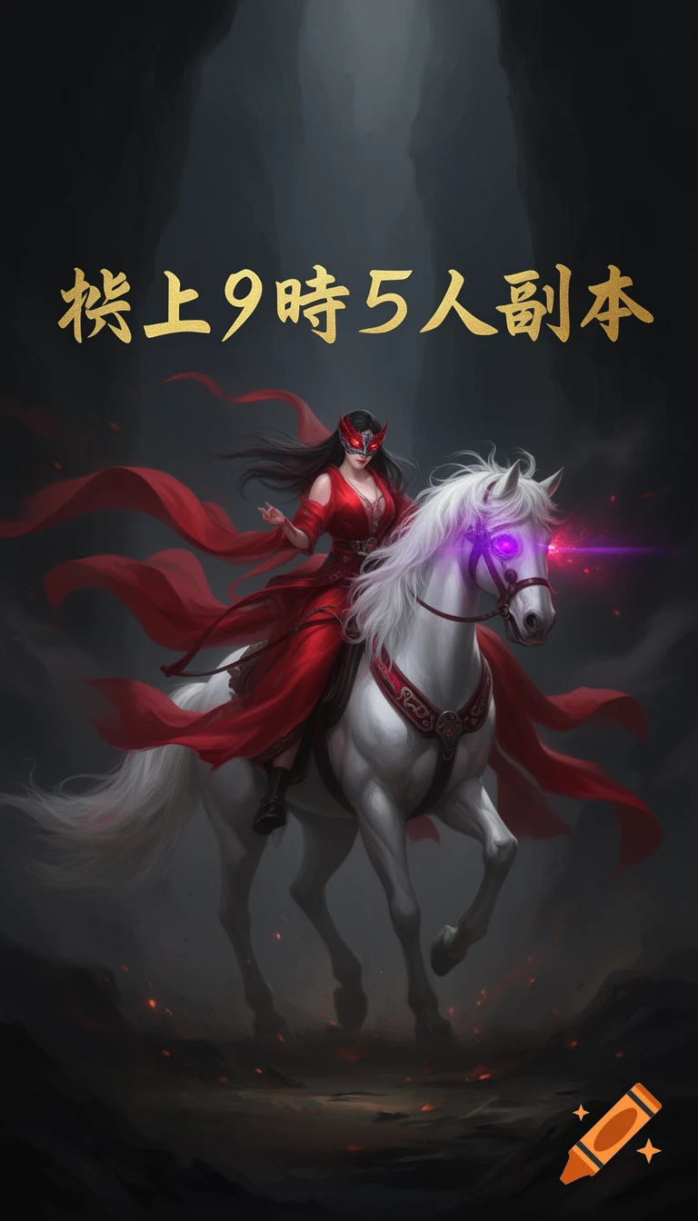 A masked woman in a flowing red dress rides a white horse with glowing purple-red eyes, against a dark, smoky fantasy background with golden Chinese text above.