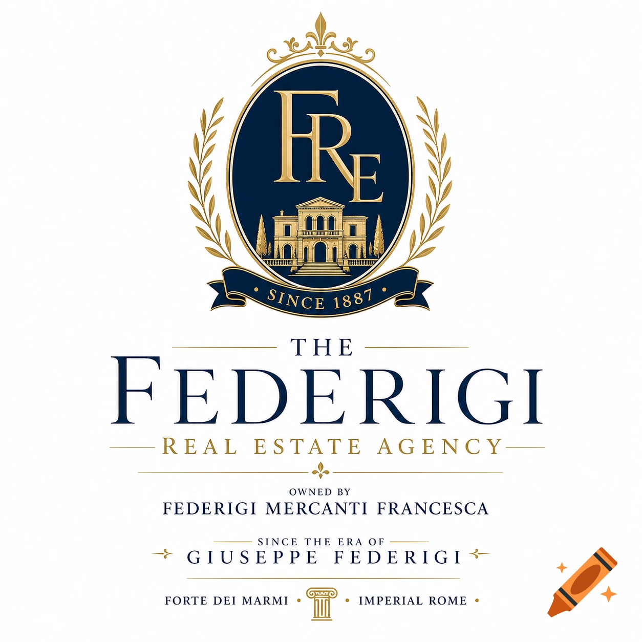 Elegant blue and gold logo for The Federigi Real Estate Agency, featuring a mansion within an oval crest, text, and olive branches.