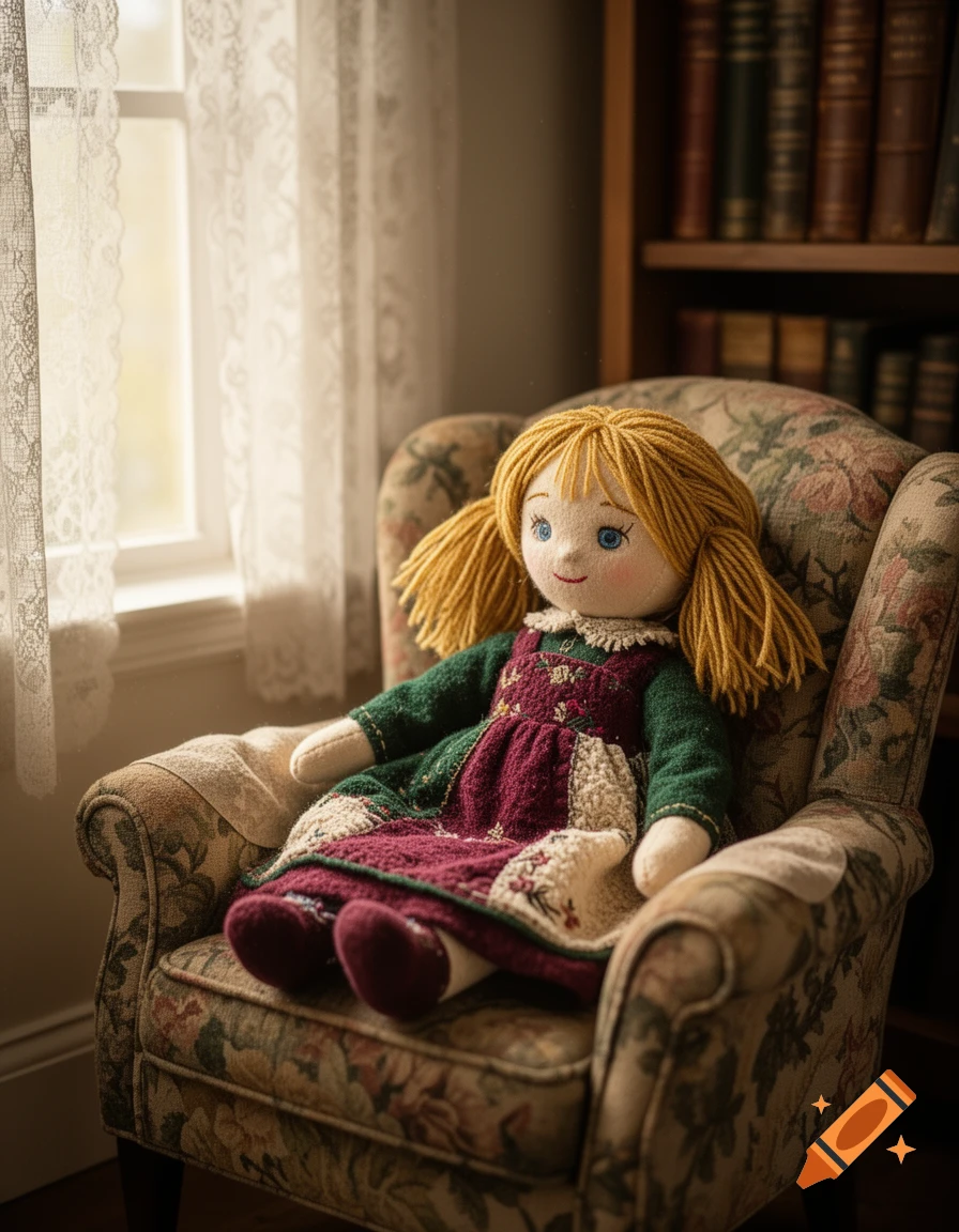 A photorealistic image of a rag doll with yellow yarn hair and a red and green dress sitting in a floral armchair.