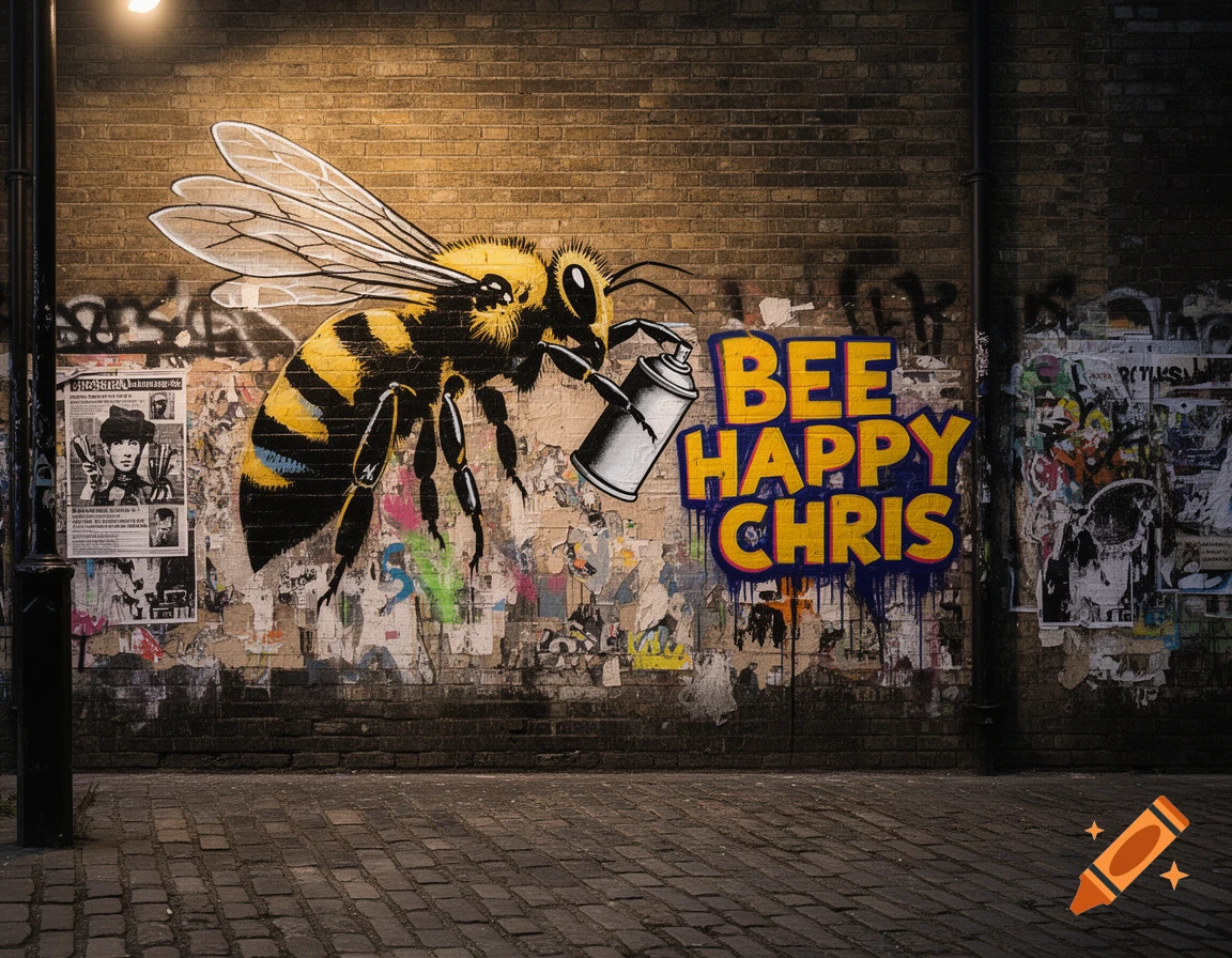 A stylized bee spray paints "BEE HAPPY CHRIS" graffiti on a weathered brick wall covered in posters, illuminated by a streetlamp.