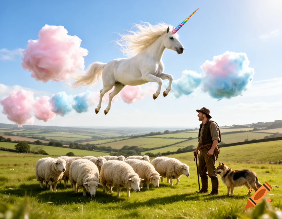 A white unicorn with a rainbow horn floats above a green field, observed by a shepherd, his dog, and a flock of sheep, under a blue sky with cotton candy clouds.