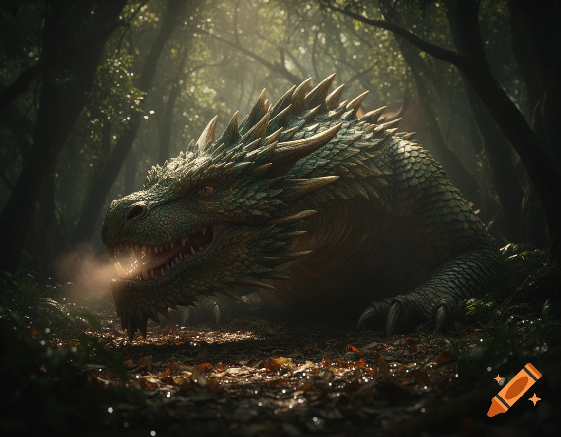 A large, green-scaled dragon with prominent spikes breathes mist in a dark, sun-dappled forest.