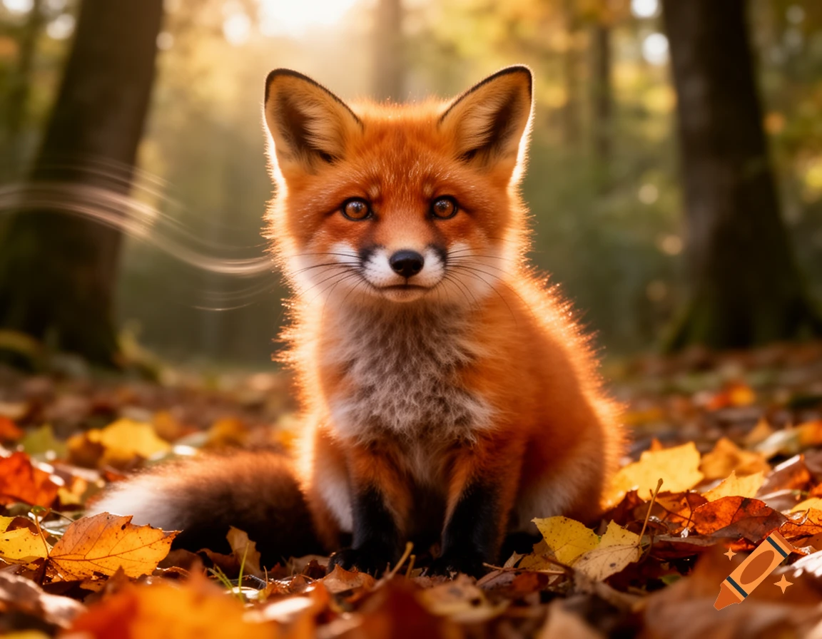 A cute red fox with fluffy fur sits amongst vibrant autumn leaves, backlit by warm sunlight in a forest.
