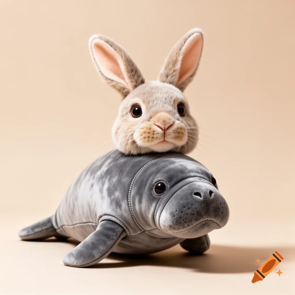 A fluffy rabbit head sits atop a grey plush manatee toy, with visible stitching details, against a smooth beige background.