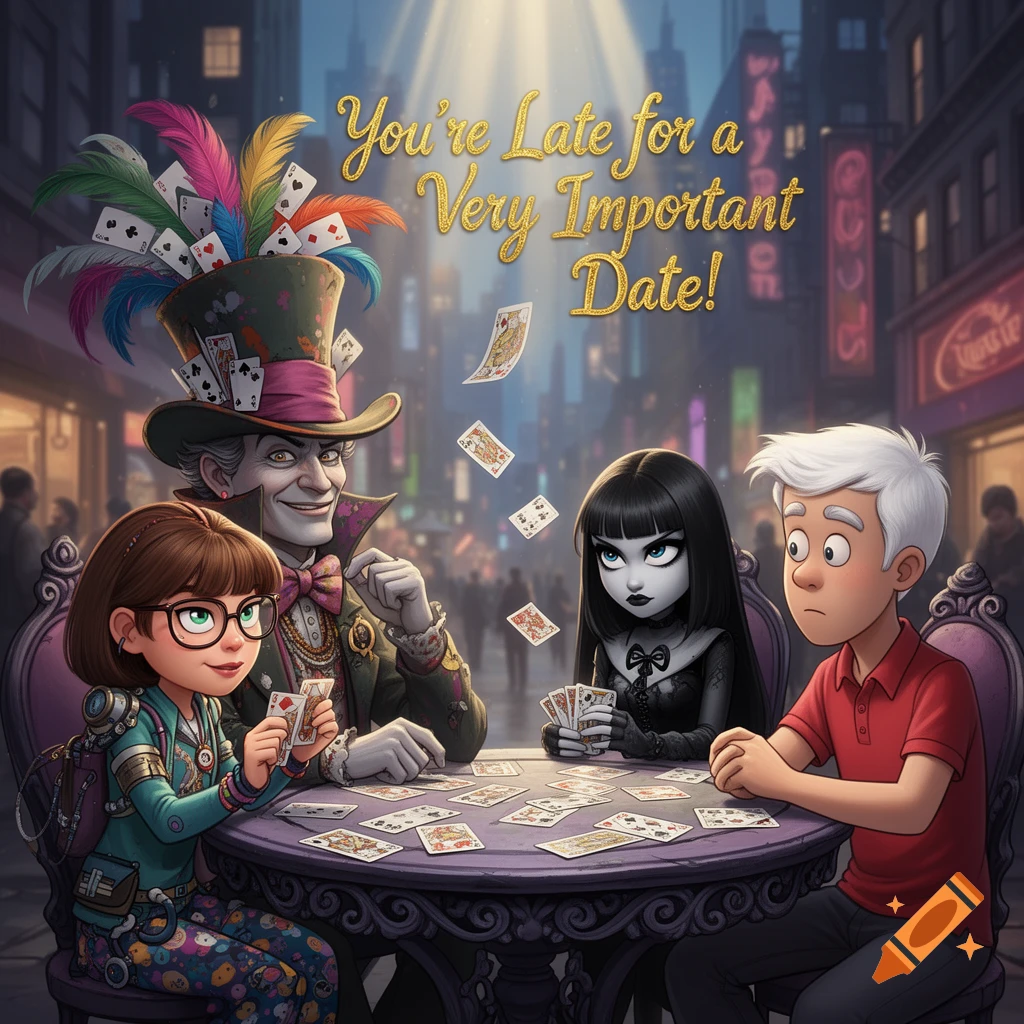 Mad Hatter plays cards with three cartoon children on a bustling city street at night, with text "You're Late for a Very Important Date!" above.