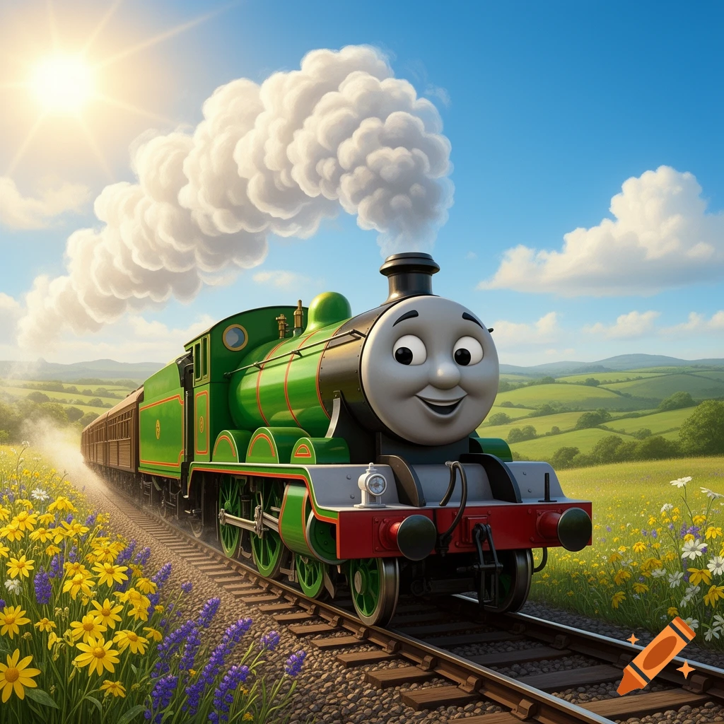 Henry the green engine, a cartoon train with a smiling face, steams along a track through a sunny, vibrant green field dotted with yellow and purple wildflowers.