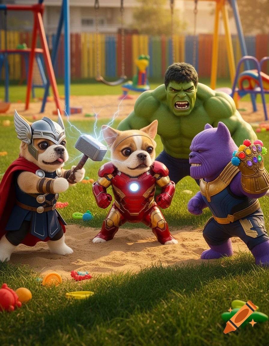 Cute dogs dressed as Thor, Iron Man, Hulk, and Thanos face off on a colorful playground.