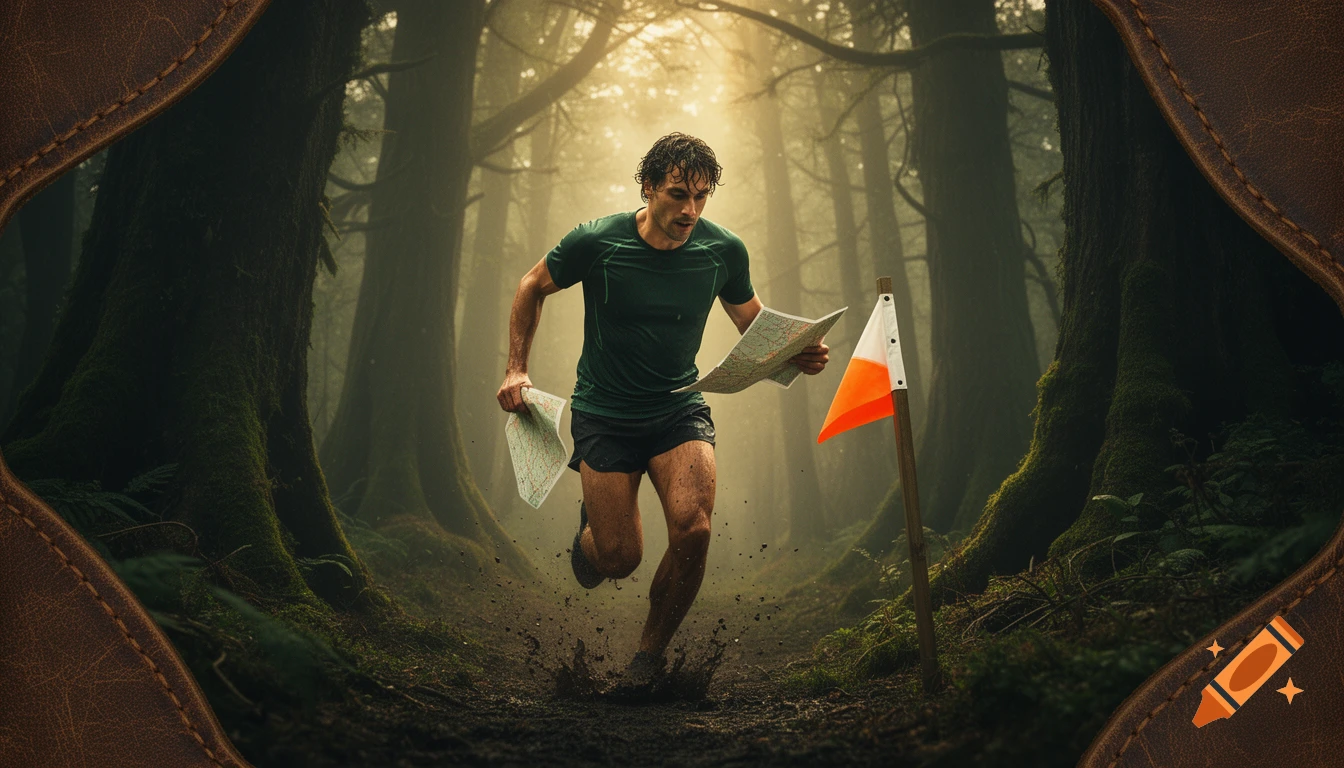 A man runs through a misty, moss-covered forest, holding an orienteering map next to a control flag, depicted in a cinematic, photorealistic style with leather-textured edges.