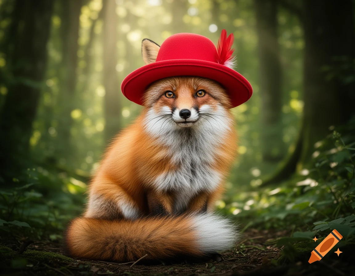 A cute, photorealistic fox wearing a red hat with a feather, sitting in a sun-dappled forest.