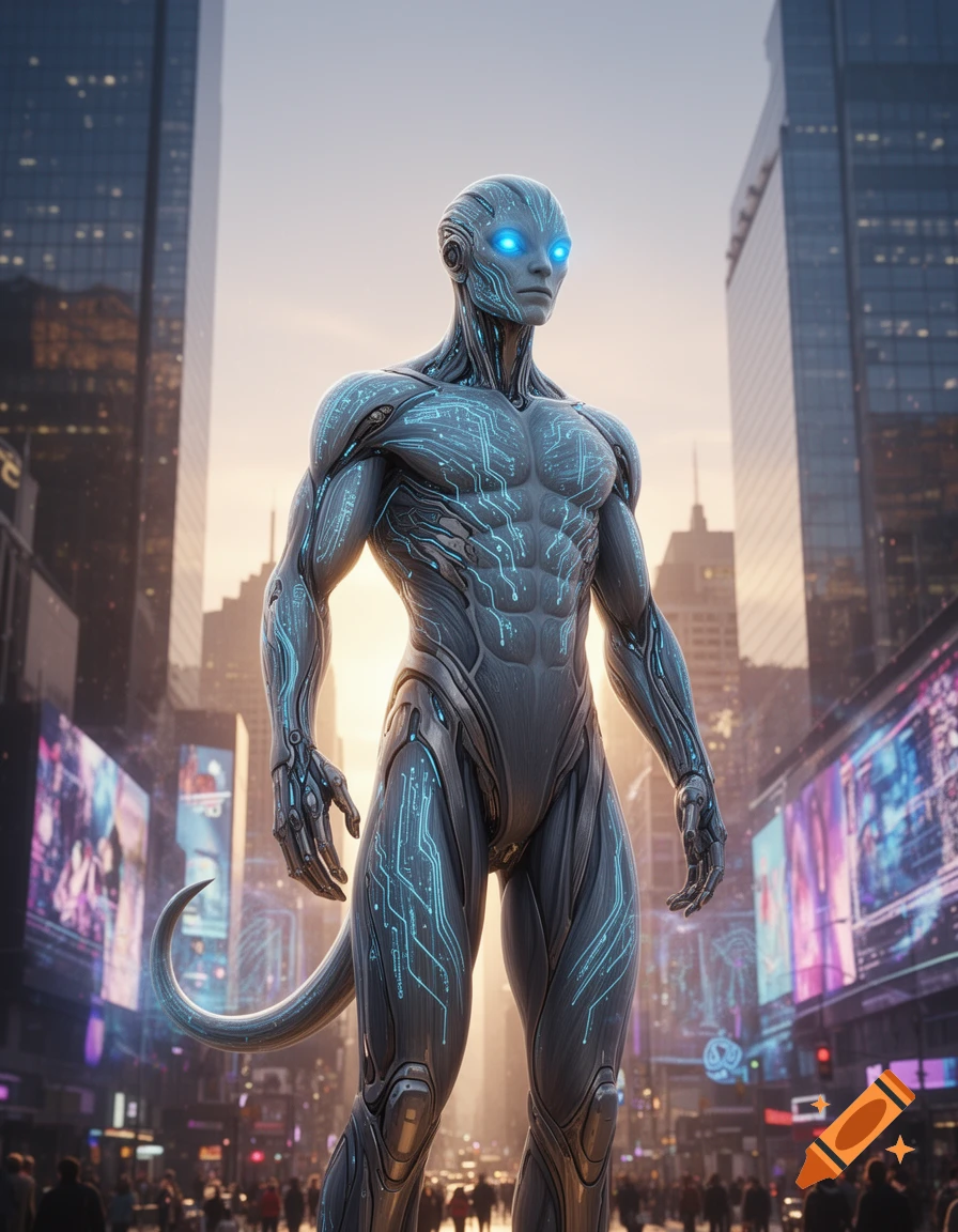 A muscular, futuristic humanoid figure with glowing blue circuitry and eyes stands in a neon-lit cyberpunk city.